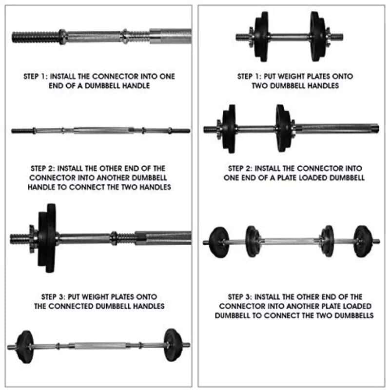 Dumbbell assembly process with step-by-step images showing how to connect handles, attach weight plates, and secure the weights for strength training. Perfect for gym equipment setup.