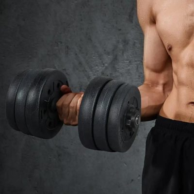 High-quality dumbbell in male gym workout setting, perfect for strength training, muscle building, and fitness routines.