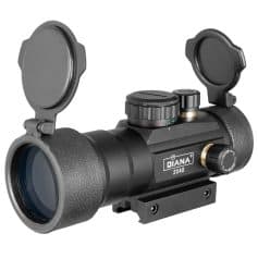 Durable black rifle scope featuring protective lens covers and precision adjustment dials, ideal for hunting, shooting sports, and tactical activities.