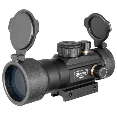 Durable black rifle scope featuring protective lens covers and precision adjustment dials, ideal for hunting, shooting sports, and tactical activities.