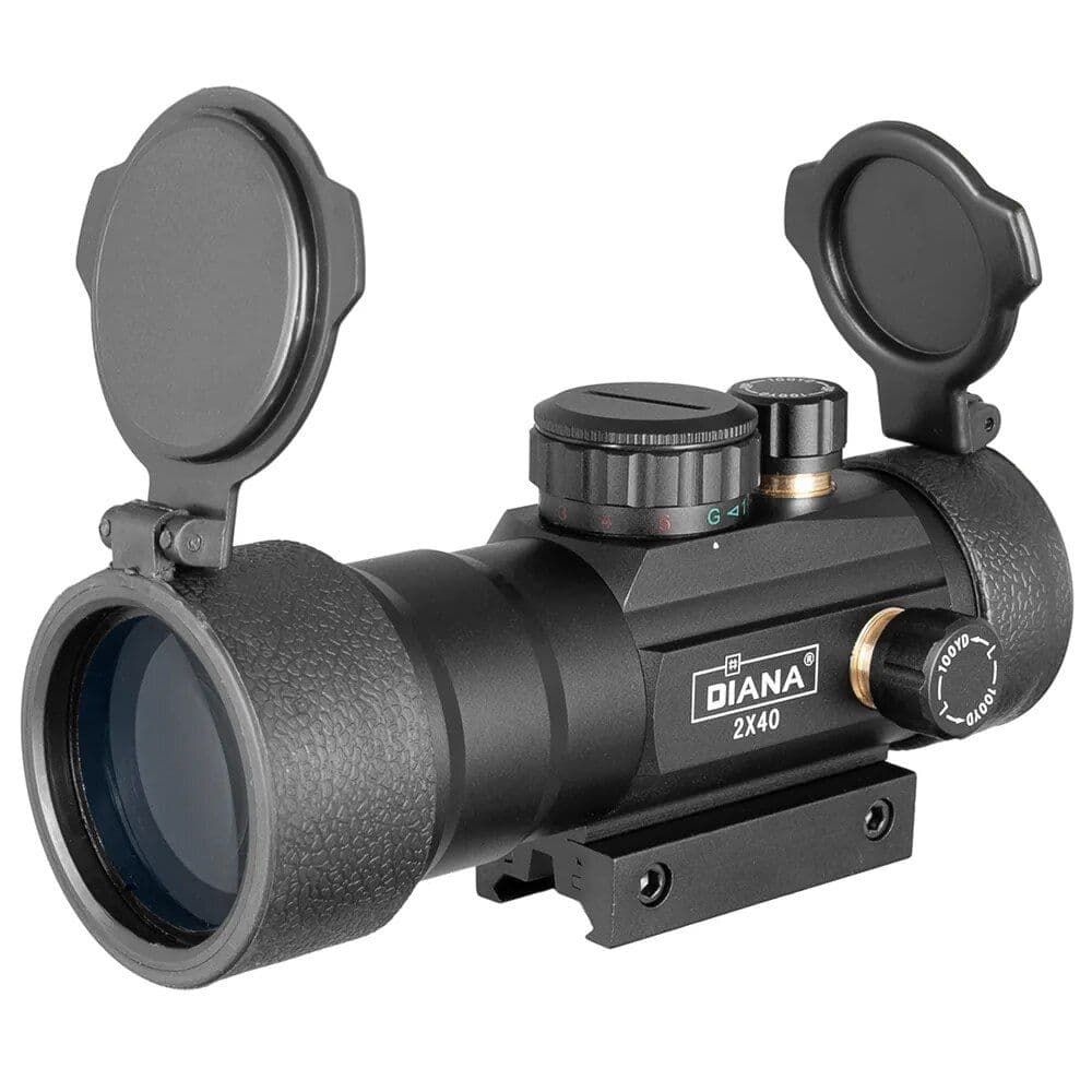 Durable black rifle scope featuring protective lens covers and precision adjustment dials, ideal for hunting, shooting sports, and tactical activities.