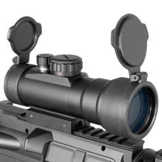 Optical Rifle Scope with Adjustable Magnification and Sunshade.