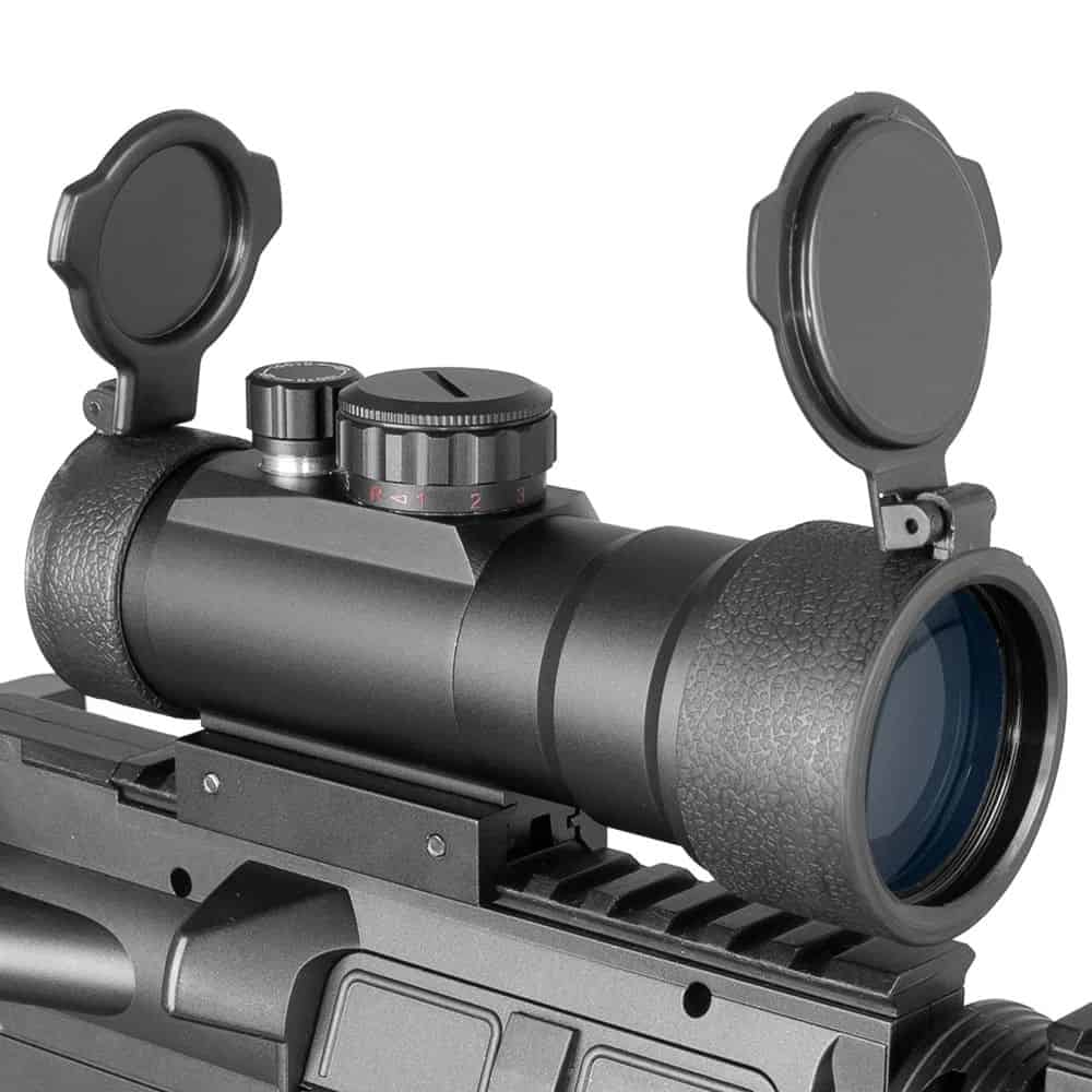 Optical Rifle Scope with Adjustable Magnification and Sunshade.