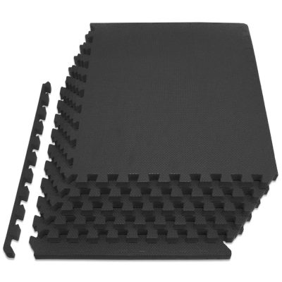 Black foam puzzle mats for gym and exercise flooring. Durable, anti-slip, and easy to assemble for a safe workout environment. Perfect for fitness, gym floors, and home gyms.