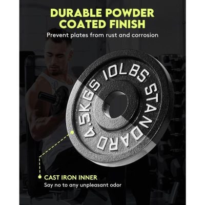 High-quality cast iron weight plate for strength and durability, featuring powder-coated finish to resist rust and corrosion in fitness and gym facilities.