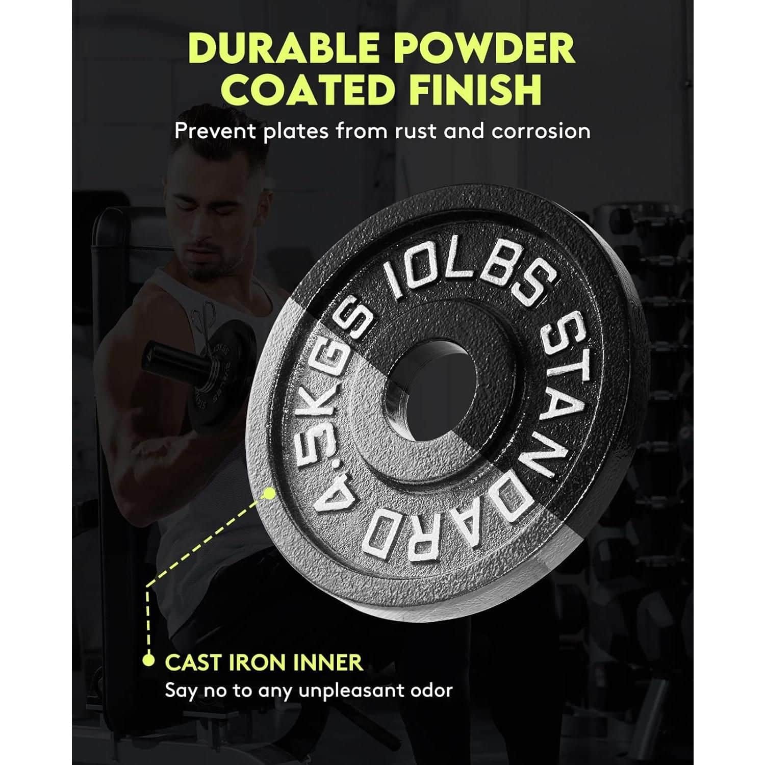 High-quality cast iron weight plate for strength and durability, featuring powder-coated finish to resist rust and corrosion in fitness and gym facilities.