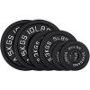 Durable black cast iron weight plates for gym exercises, featuring clear white weight markings (e.g., 1.25kg, 2.5kg, 3kg, 5kg, 10kg, 15kg, 20kg, 25kg). Perfect for strength training, crossfit, and home workouts.