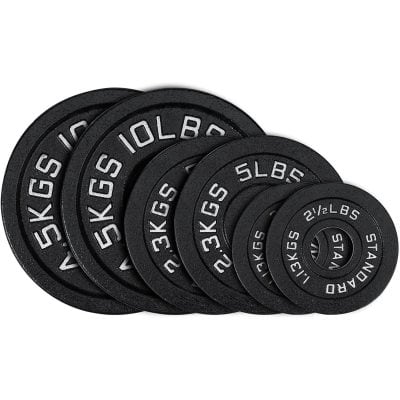 Durable black cast iron weight plates for gym exercises, featuring clear white weight markings (e.g., 1.25kg, 2.5kg, 3kg, 5kg, 10kg, 15kg, 20kg, 25kg). Perfect for strength training, crossfit, and home workouts.