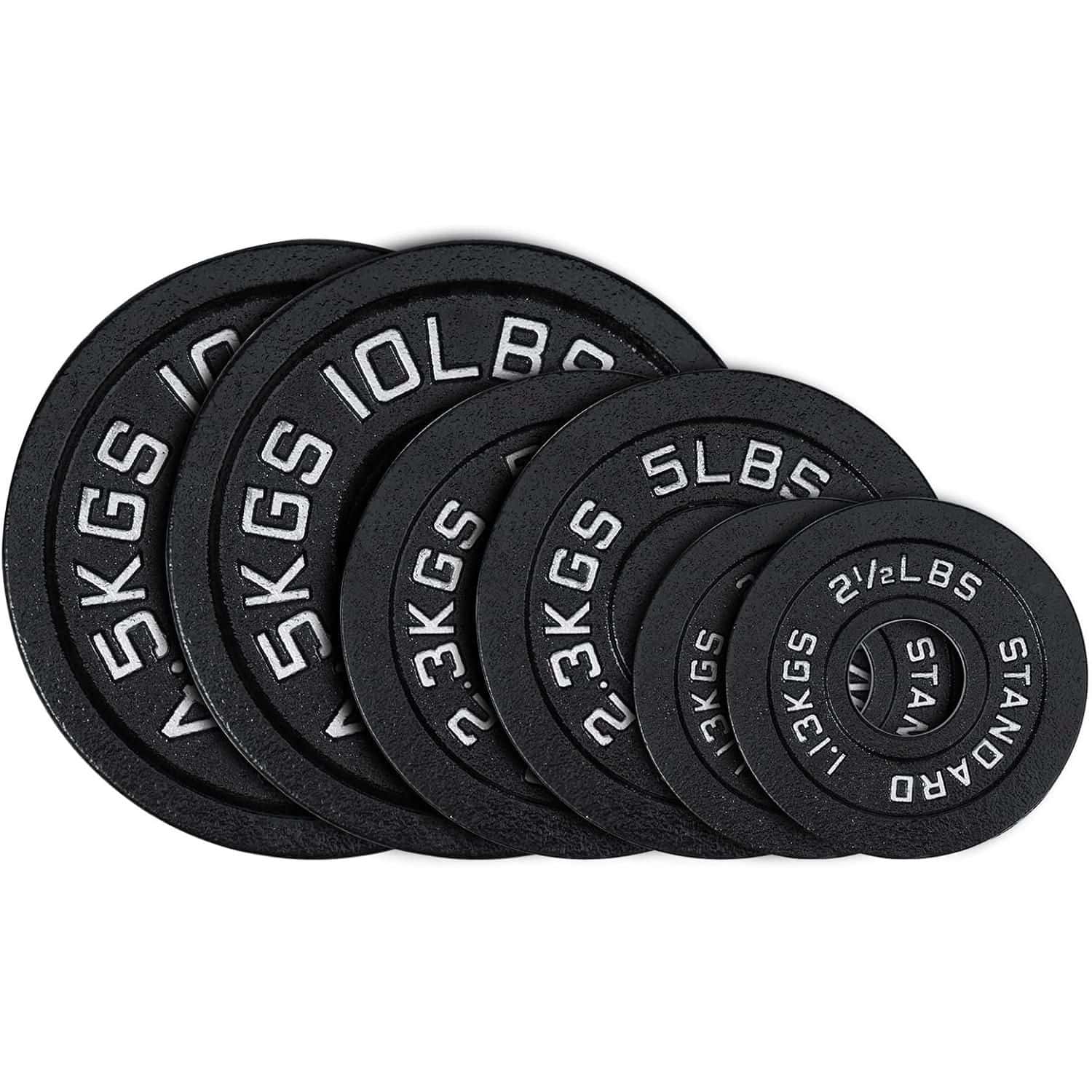 Durable black cast iron weight plates for gym exercises, featuring clear white weight markings (e.g., 1.25kg, 2.5kg, 3kg, 5kg, 10kg, 15kg, 20kg, 25kg). Perfect for strength training, crossfit, and home workouts.