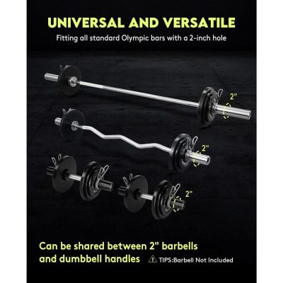 Olympic barbell with 2-inch weight plates, versatile for strength training and weightlifting, compatible with dumbbell handles, ideal for gym use.