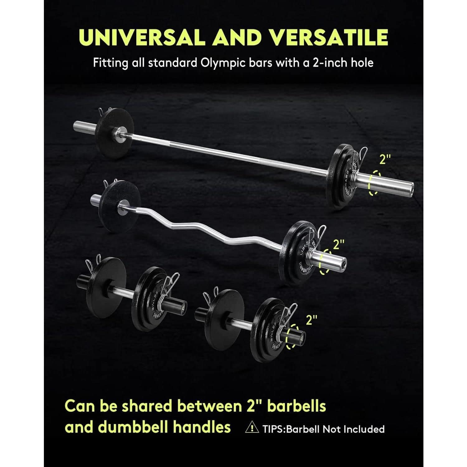 Olympic barbell with 2-inch weight plates, versatile for strength training and weightlifting, compatible with dumbbell handles, ideal for gym use.