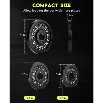Black cast iron weight plate with white lettering, measuring 8.9 inches in diameter and 0.9 inches thick, designed for safe loading onto fitness bars, ideal for strength and muscle building routines.