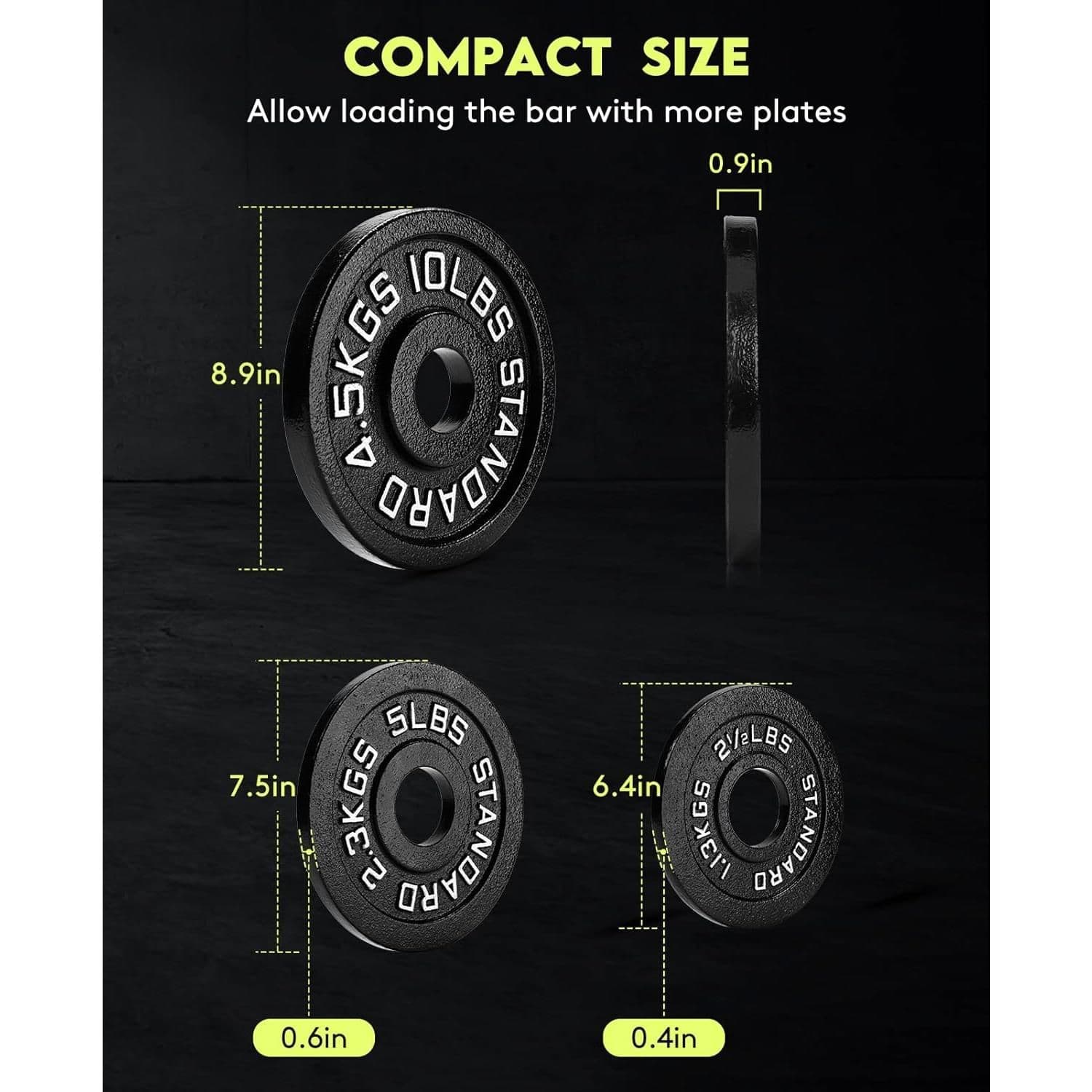 Black cast iron weight plate with white lettering, measuring 8.9 inches in diameter and 0.9 inches thick, designed for safe loading onto fitness bars, ideal for strength and muscle building routines.