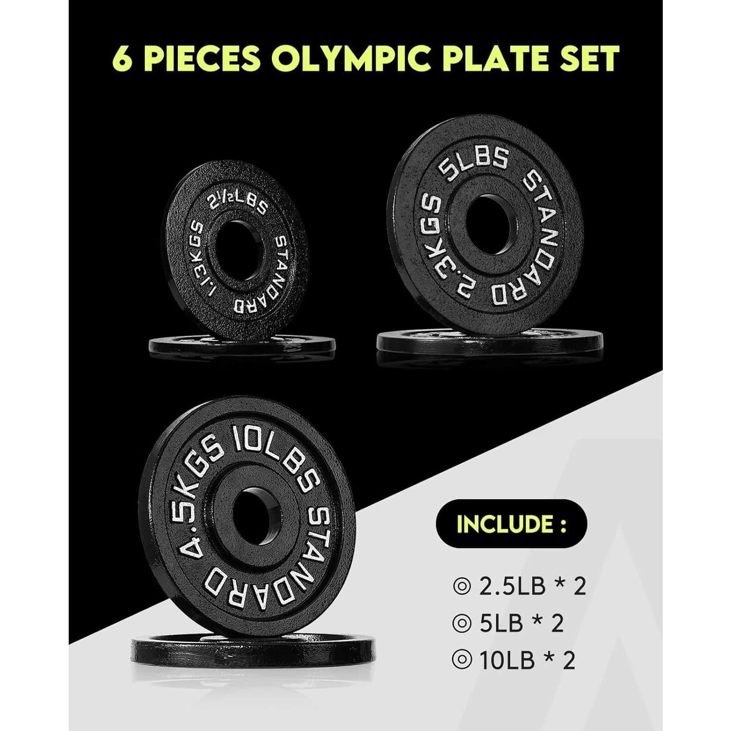 Olympic weight plates set for strength training and fitness, various weights including 2.5lbs, 5lbs, and 10lbs, ideal for weightlifting, home gym, and workout sessions.