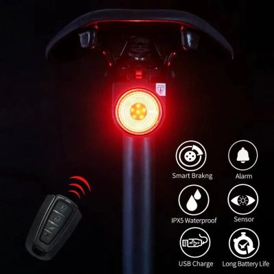 Bright LED bike tail light with remote control for safety, featuring smart braking, alarm, waterproof design, sensors, USB charging, and long battery life. Perfect for nighttime cycling visibility.