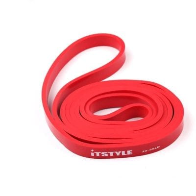 High-quality red resistance band for muscle training, physical therapy, and workout routines. Durable elastic material ideal for strength training and flexibility exercises.