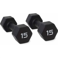 Black hexagonal 15 lb dumbbells for home gym weight training, optimizing fitness routines and physical therapy exercises. Durable, versatile free weights ideal for strength building.