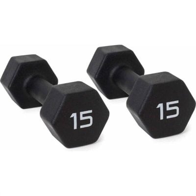 Black hexagonal 15 lb dumbbells for home gym weight training, optimizing fitness routines and physical therapy exercises. Durable, versatile free weights ideal for strength building.