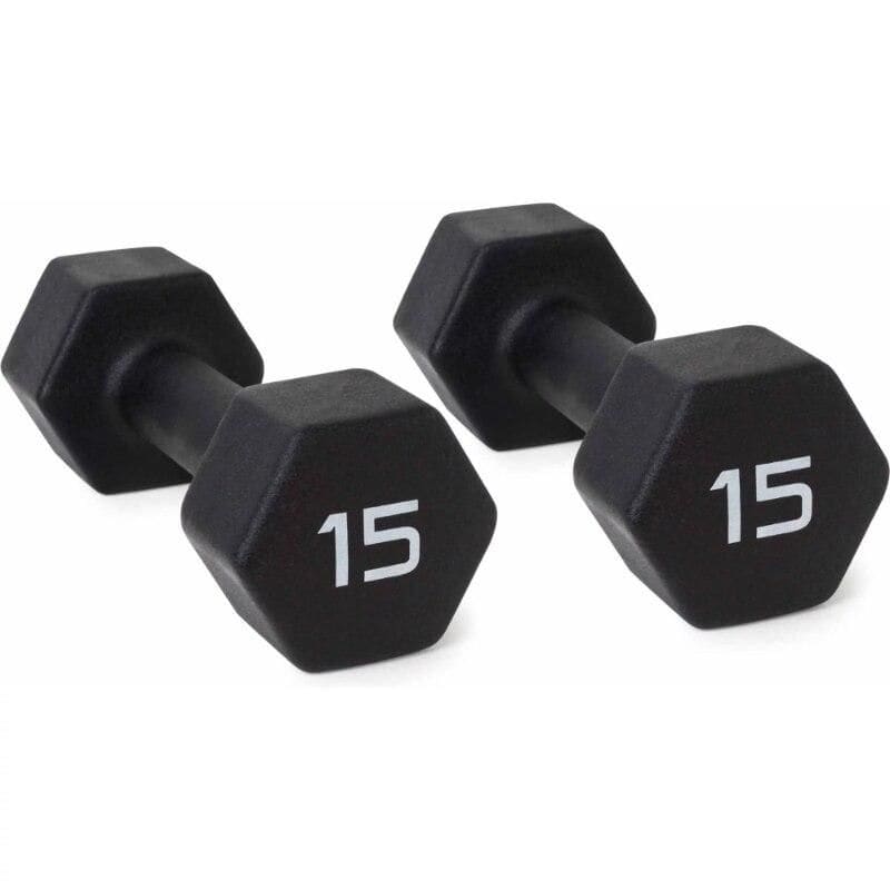 Black hexagonal 15 lb dumbbells for home gym weight training, optimizing fitness routines and physical therapy exercises. Durable, versatile free weights ideal for strength building.