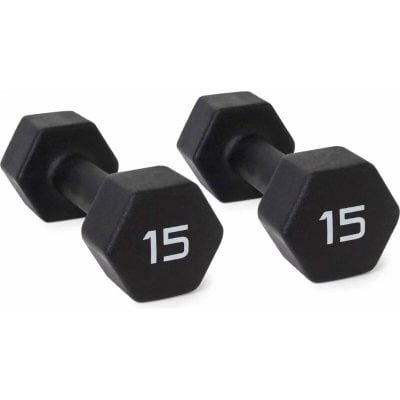 Hexagonal neoprene dumbbells for strength training and fitness exercises. Comfortable grip, durable build, ideal for home or gym workouts.