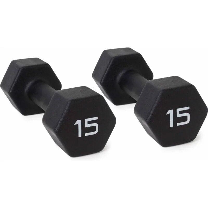 Hexagonal neoprene dumbbells for strength training and fitness exercises. Comfortable grip, durable build, ideal for home or gym workouts.