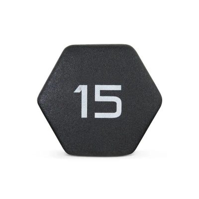Black hexagonal dumbbell with white '15' weight marking, ideal for home or gym workouts, strength training, and physical fitness routines.