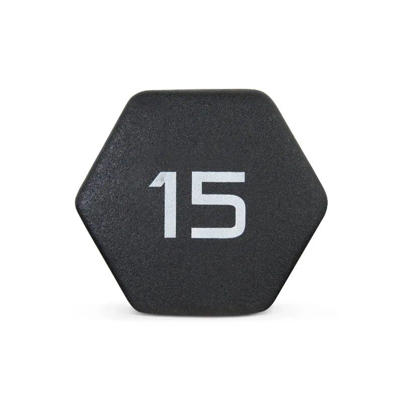 Black hexagonal dumbbell with white '15' weight marking, ideal for home or gym workouts, strength training, and physical fitness routines.