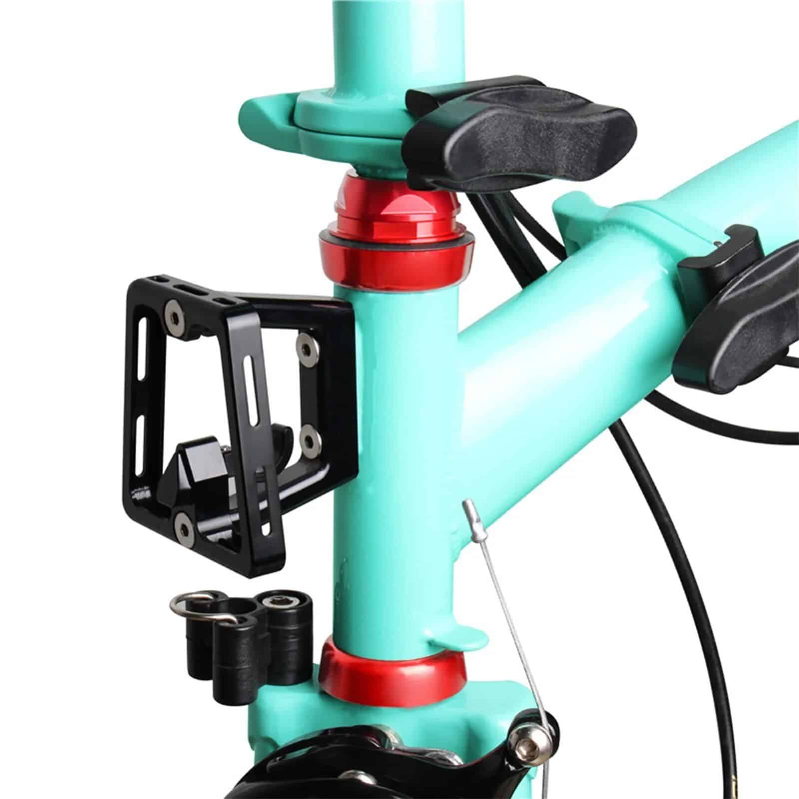 A close-up of a vibrant turquoise bicycle frame showcasing a secure mounting bracket, ideal for attaching accessories. This bike frame is designed for durability and style, perfect for daily commutes or outdoor adventures.