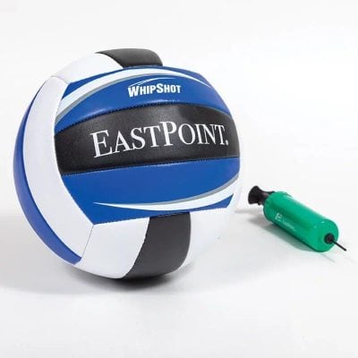 Volleyball with blue, black, and white design, branded EastPoint, alongside a green pump on a white background.