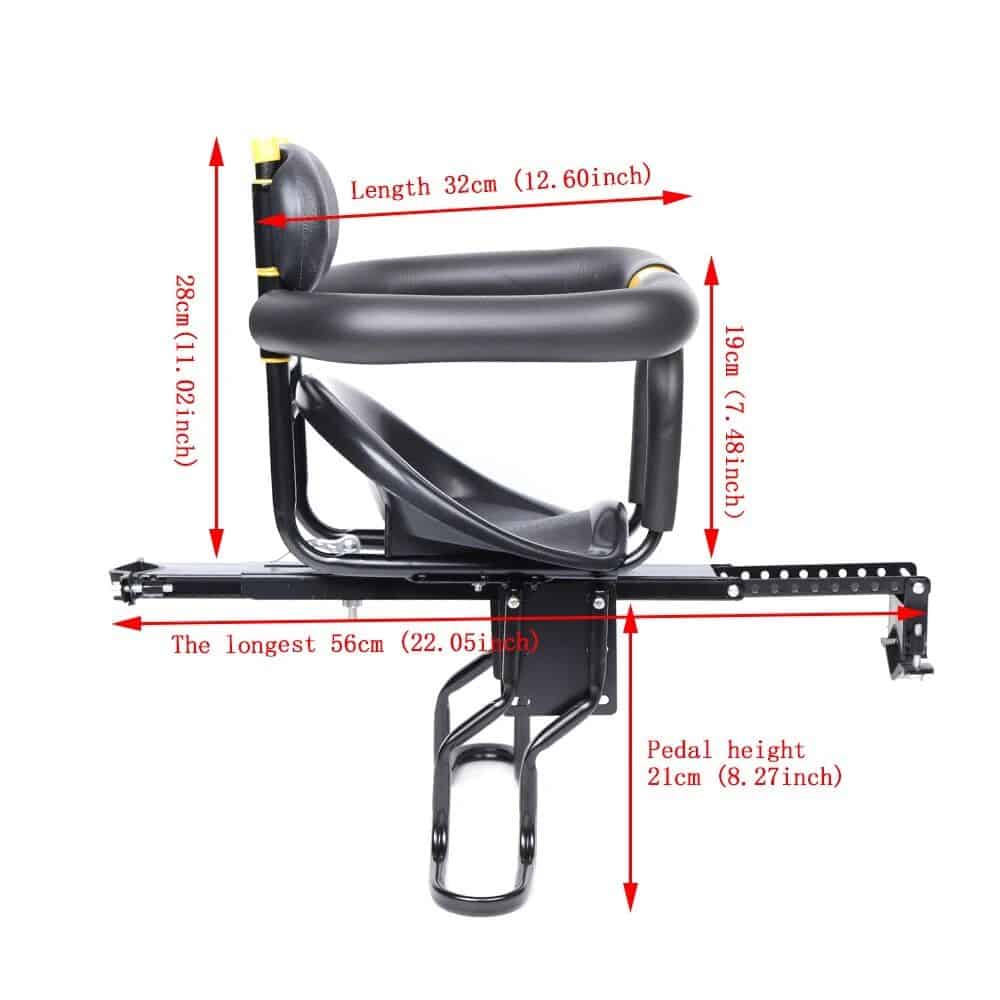 Bike seat with adjustable dimensions, ergonomically designed for cycling comfort. Features include a 32cm long seat and secure pedal height of 21cm, suitable for enhancing bike performance.