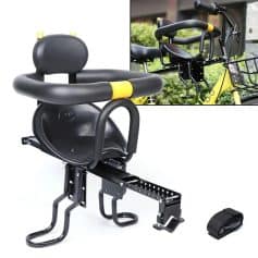 Ergonomic black child bike seat with adjustable harness and mounting bracket for secure attachment to bicycles.