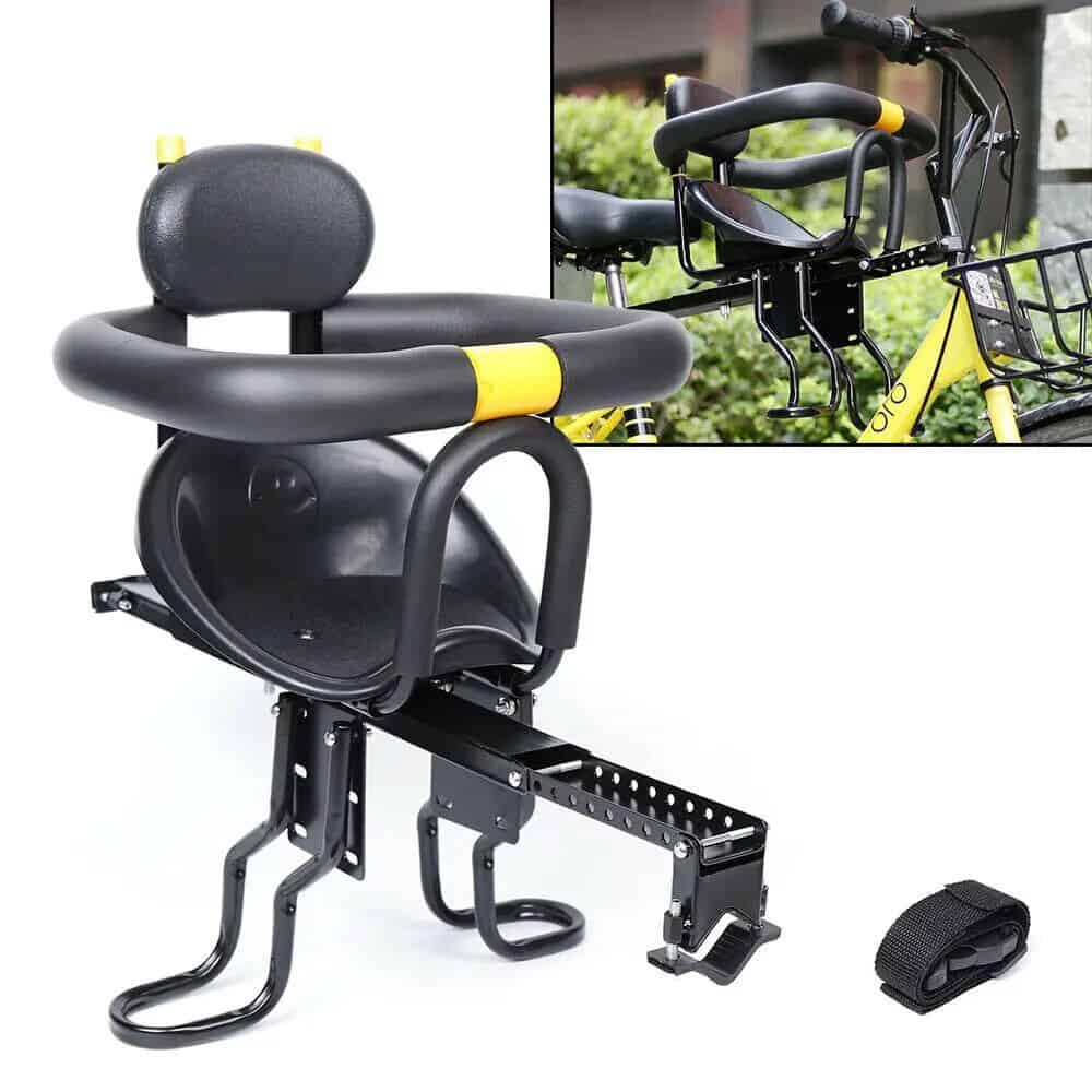 Ergonomic black child bike seat with adjustable harness and mounting bracket for secure attachment to bicycles.