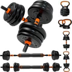 A versatile set of adjustable dumbbells with black and orange accents, ideal for home fitness, weight training, and muscle development, featuring ergonomic handles and compact storage.
