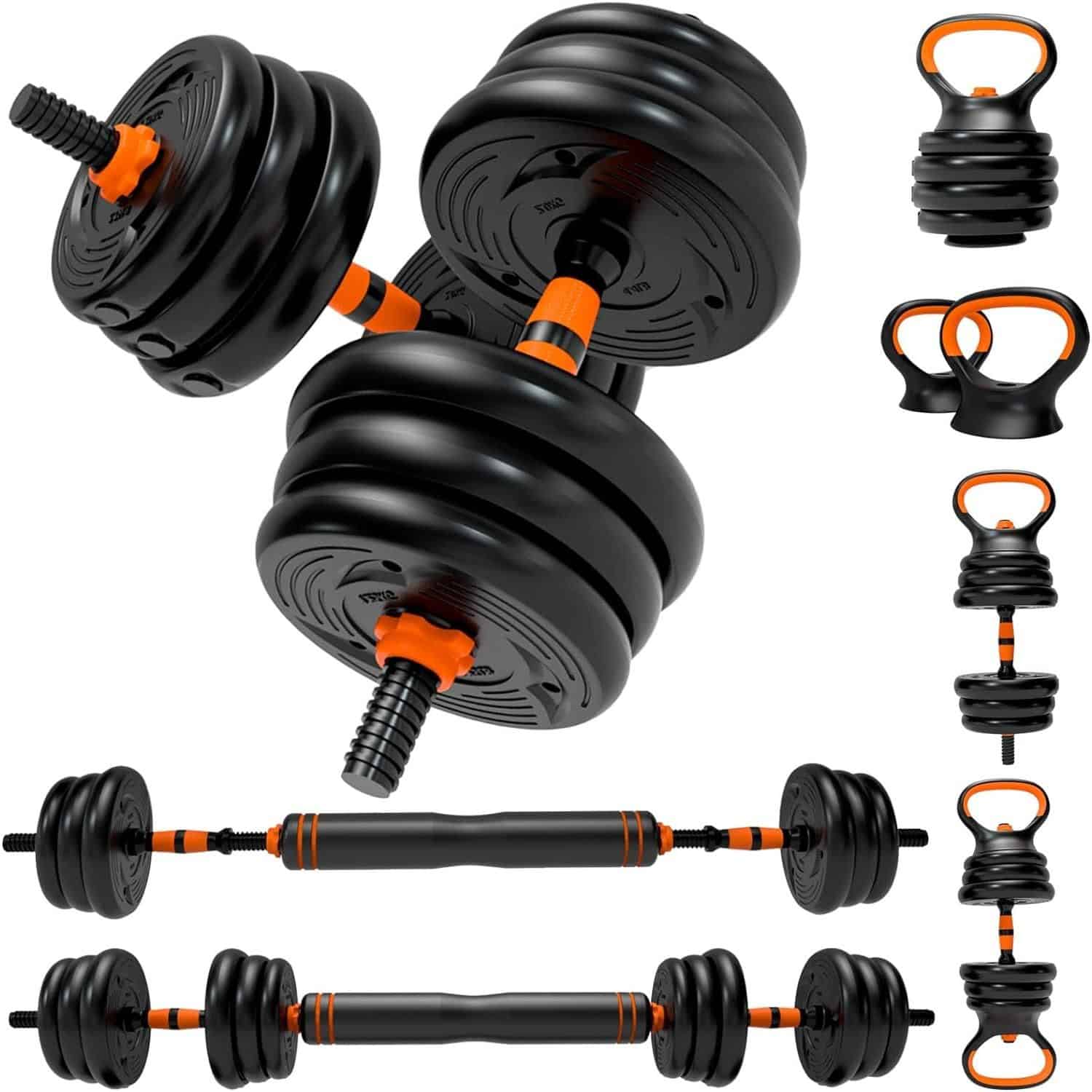 A versatile set of adjustable dumbbells with black and orange accents, ideal for home fitness, weight training, and muscle development, featuring ergonomic handles and compact storage.