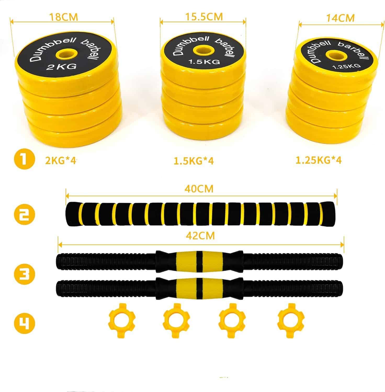 High-quality yellow dumbbells with black markings, ranging from 1.25kg to 2kg, with detailed dimensions, ideal for weightlifting and strength training in fitness centers or home gyms.