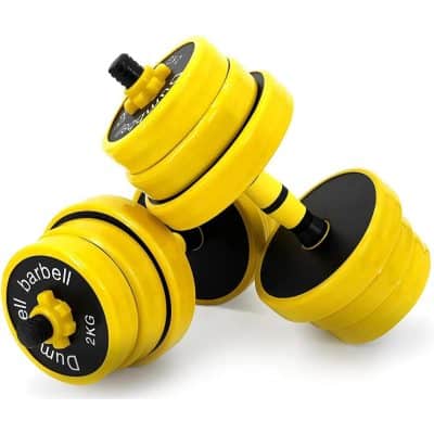 Bright yellow and black dumbbell weights designed for effective strength and weight training routines. Perfect for home gyms, fitness enthusiasts, and professional workout spaces.