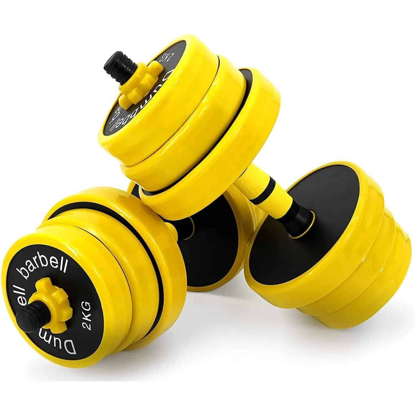 Bright yellow and black dumbbell weights designed for effective strength and weight training routines. Perfect for home gyms, fitness enthusiasts, and professional workout spaces.