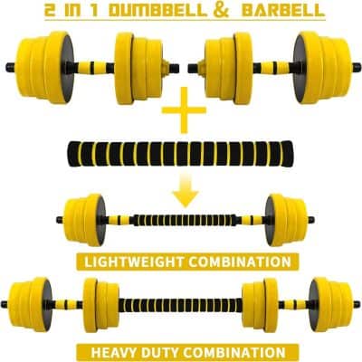 Alt text: Image of a 2-in-1 dumbbell and barbell with adjustable yellow weights, showcasing lightweight and heavy-duty options for fitness and strength training.