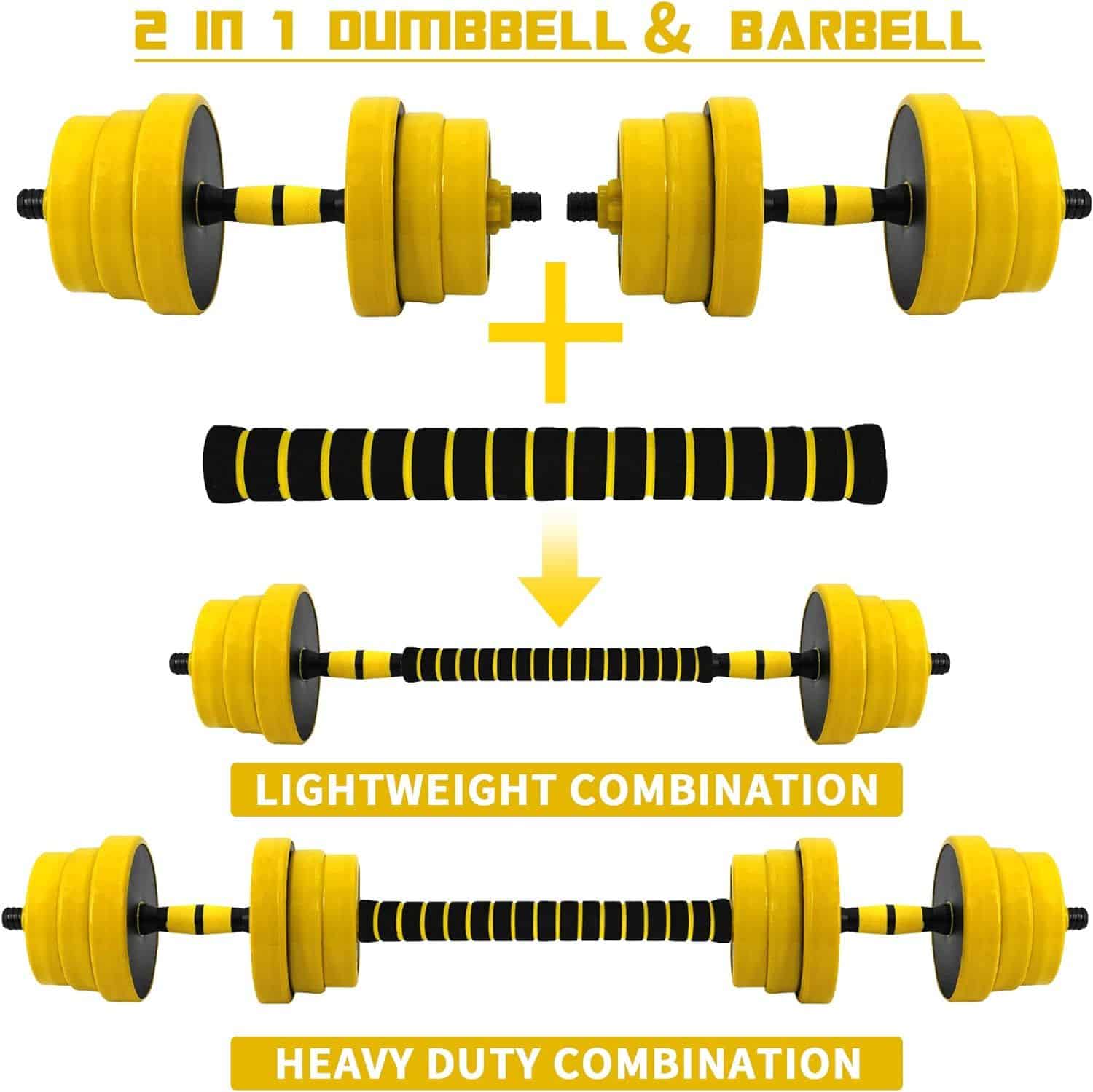 Alt text: Image of a 2-in-1 dumbbell and barbell with adjustable yellow weights, showcasing lightweight and heavy-duty options for fitness and strength training.