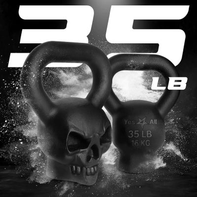 Dark themed kettlebell shaped like a skull, ideal for strength training, fitness, and gym workout routines.