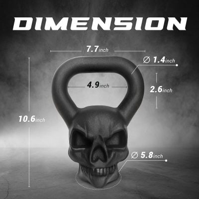 Detailed diagram of a skull-shaped kettlebell with measurements for gym workouts and weightlifting training.