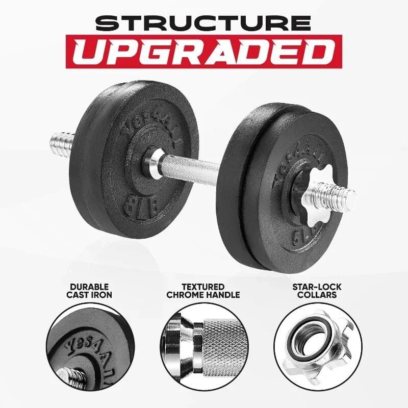 High-quality adjustable dumbbell with textured chrome handle, durable cast iron weights, and star-lock collars for secure workouts. Perfect for strength training and fitness enthusiasts.
