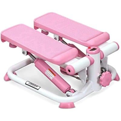 Pink mini stepper for cardiovascular fitness with anti-slip textured surface and adjustable resistance. Compact, portable, ideal for home gyms and personal workout routines.