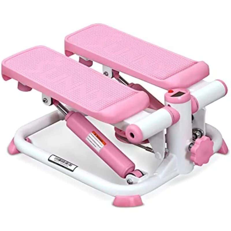Pink mini stepper for cardiovascular fitness with anti-slip textured surface and adjustable resistance. Compact, portable, ideal for home gyms and personal workout routines.