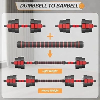 Compact dumbbell to barbell transformation for weightlifting workouts. Adjustable lightweight and heavy weight options for strength training. Perfect for fitness enthusiasts seeking versatile gym equipment.