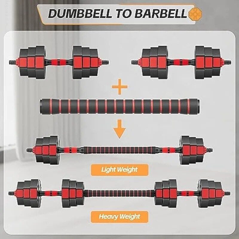 Compact dumbbell to barbell transformation for weightlifting workouts. Adjustable lightweight and heavy weight options for strength training. Perfect for fitness enthusiasts seeking versatile gym equipment.
