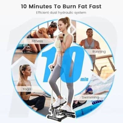 A woman exercising on a fitness machine with activity options including running, yoga, swimming, and fitness training to promote weight loss and physical health.