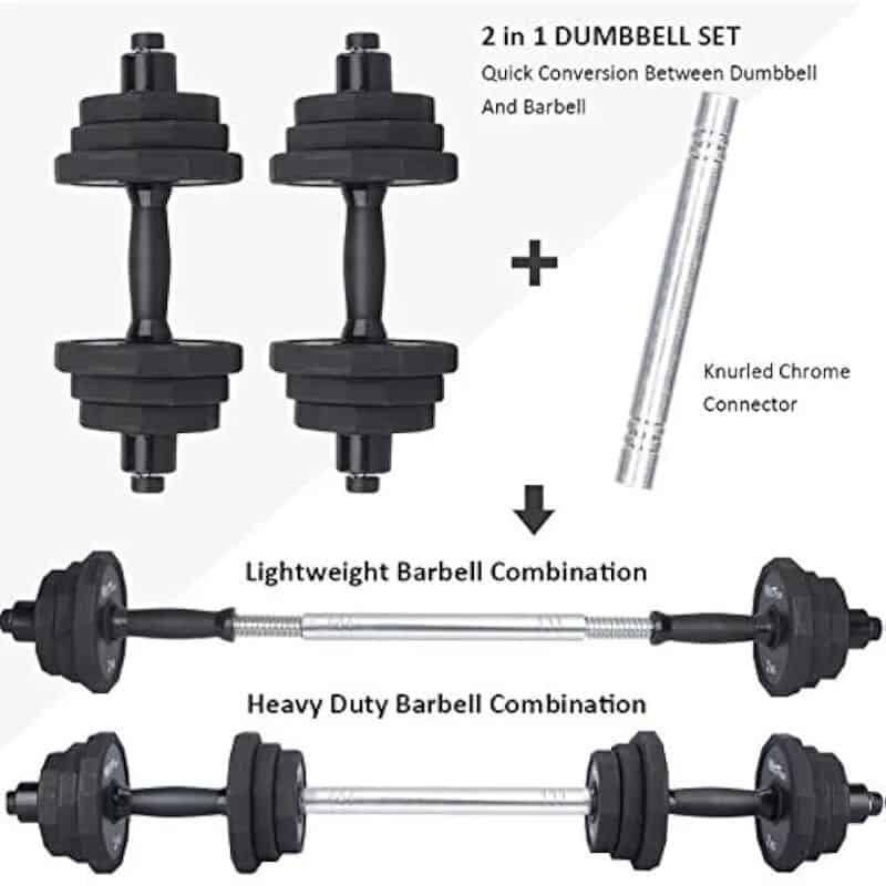 Adjustable dumbbell and barbell set for fitness.
