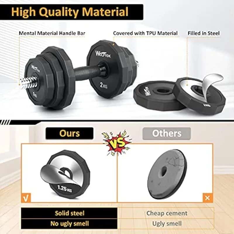 High-quality weight plate set with durable steel, covered with soft TPU material, and steel filling. Ideal for fitness enthusiasts and gyms.