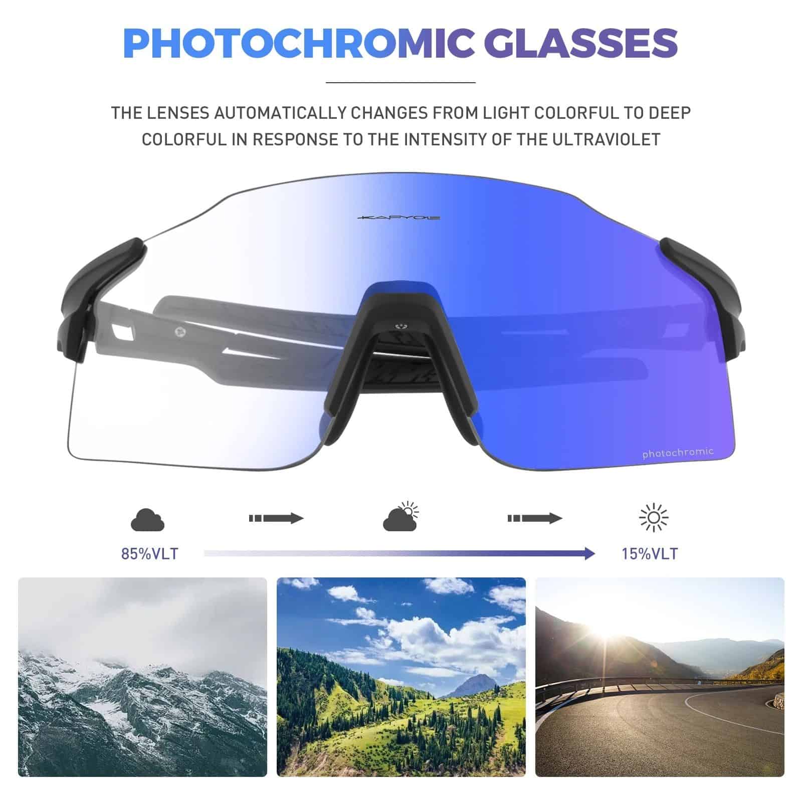 Photochromic glasses adjusting from light to dark for outdoor and indoor environments, ideal for driving, sports, and daily wear with UV protection and comfort.